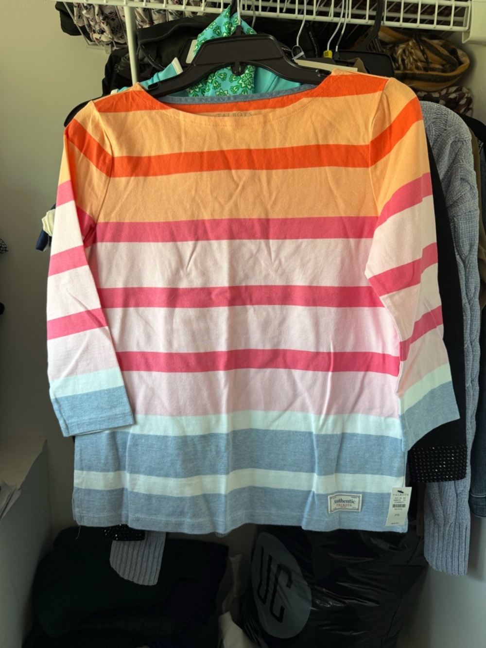 Talbots 3/4 sleeve top striped pink orange blue pastels size womens petite small